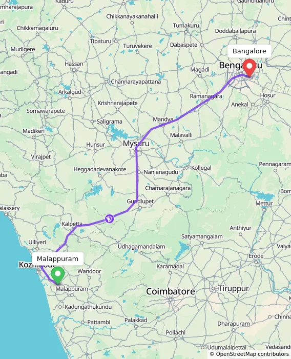 Route map showing distance and travel time from Malappuram, India to Bangalore, India