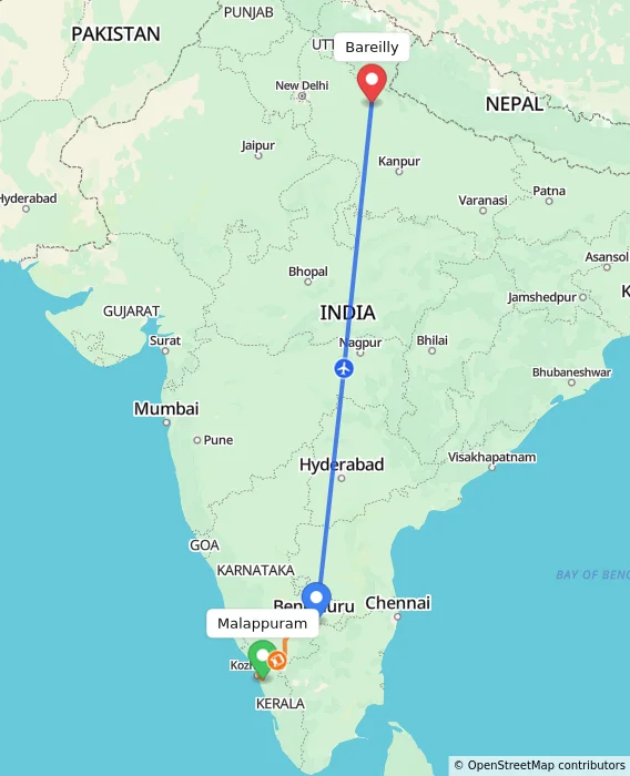 Route map showing distance and travel time from Malappuram, India to Bareilly, India