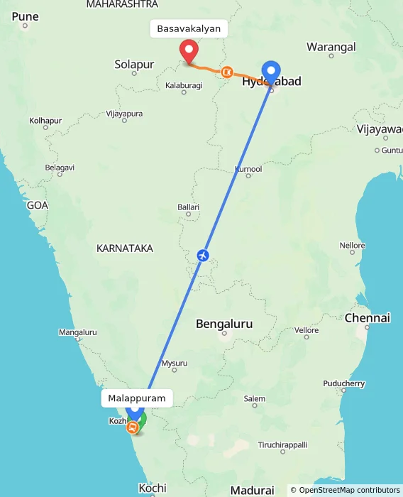 Route map showing distance and travel time from Malappuram, India to Basavakalyan, India