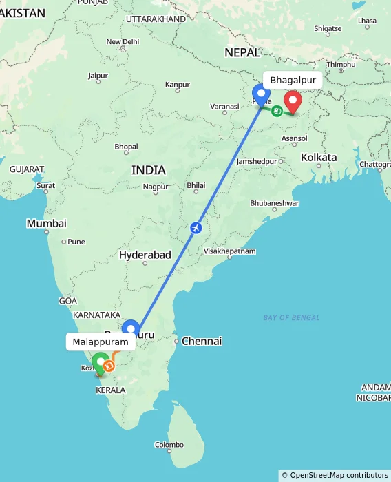Route map showing distance and travel time from Malappuram, India to Bhagalpur, India