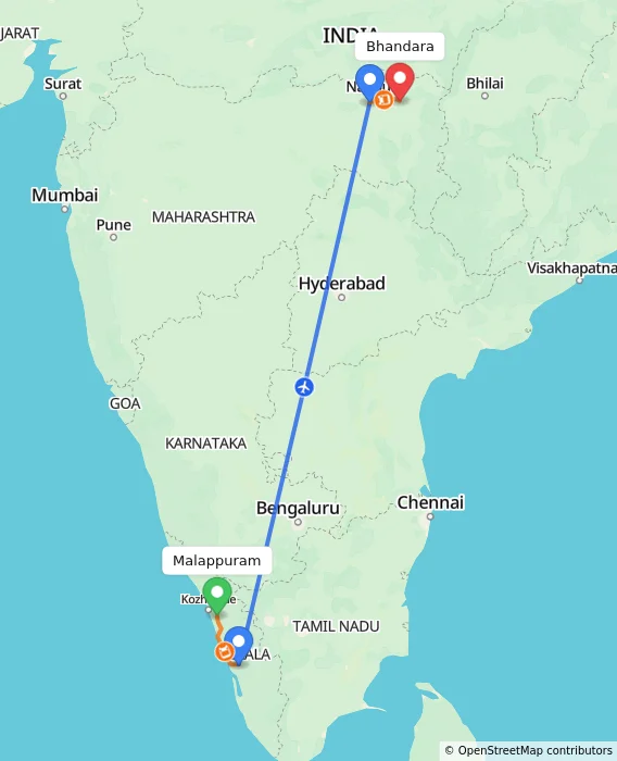 Route map showing distance and travel time from Malappuram, India to Bhandara, India