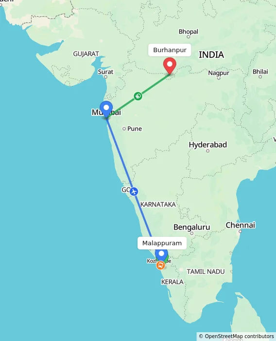 Route map showing distance and travel time from Malappuram, India to Burhanpur, India