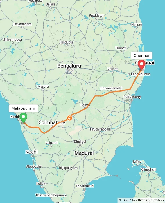 Route map showing distance and travel time from Malappuram, India to Chennai, India