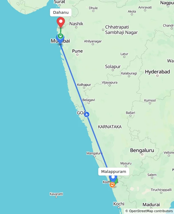 Route map showing distance and travel time from Malappuram, India to Dahanu, India