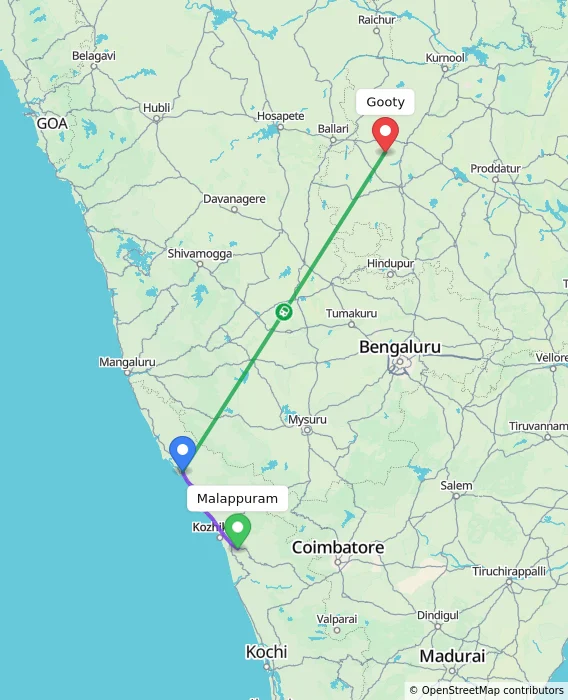 Route map showing distance and travel time from Malappuram, India to Gooty, India