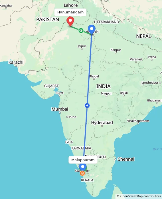 Route map showing distance and travel time from Malappuram, India to Hanumangarh, India