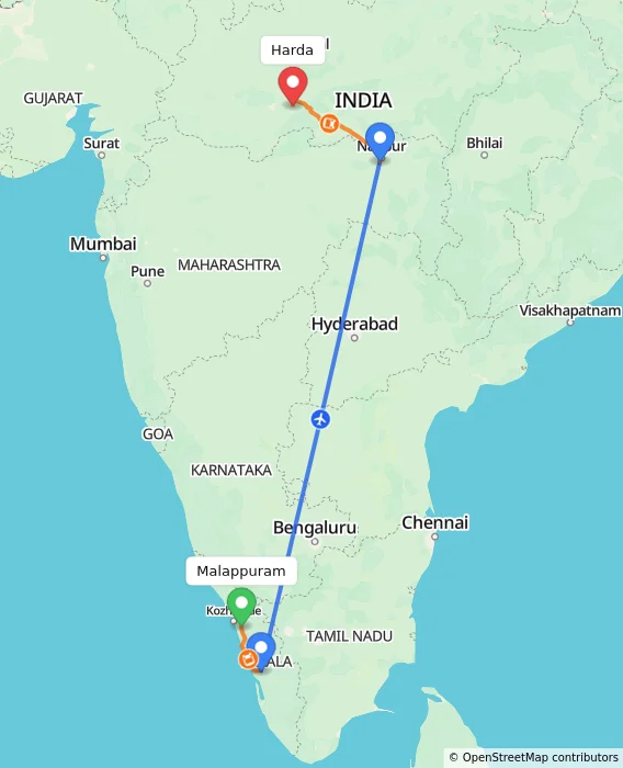Route map showing distance and travel time from Malappuram, India to Harda, India