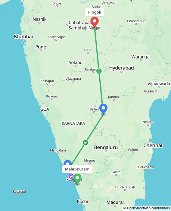 Route map showing distance and travel time from Malappuram, India to Hingoli, India