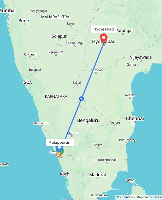 Route map showing distance and travel time from Malappuram, India to Hyderabad, India