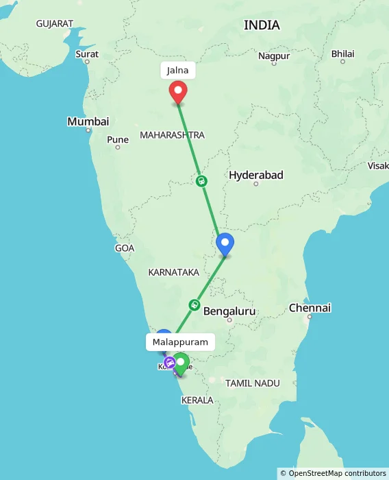 Route map showing distance and travel time from Malappuram, India to Jalna, India