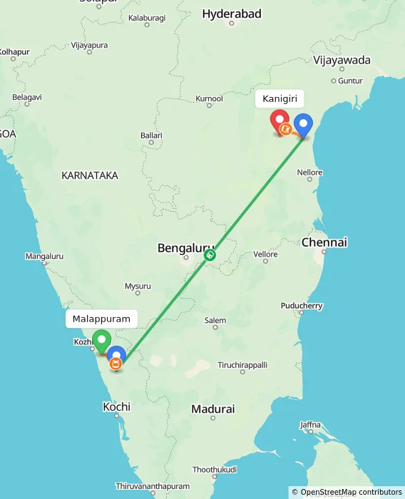 Route map showing distance and travel time from Malappuram, India to Kanigiri, India