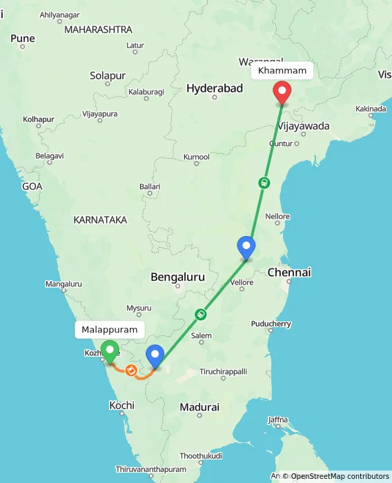 Route map showing distance and travel time from Malappuram, India to Khammam, India