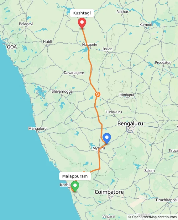 Route map showing distance and travel time from Malappuram, India to Kushtagi, India