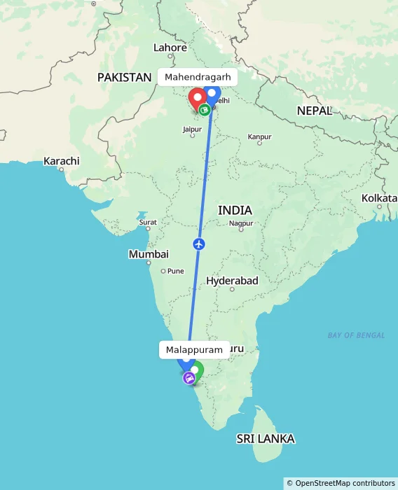 Route map showing distance and travel time from Malappuram, India to Mahendragarh, India
