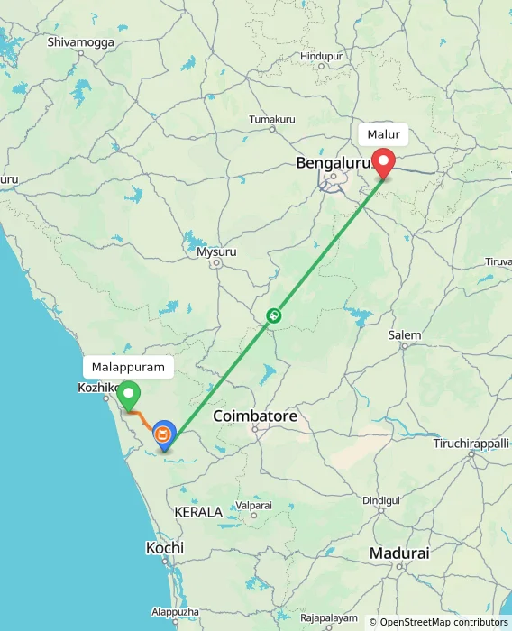 Route map showing distance and travel time from Malappuram, India to Malur, India