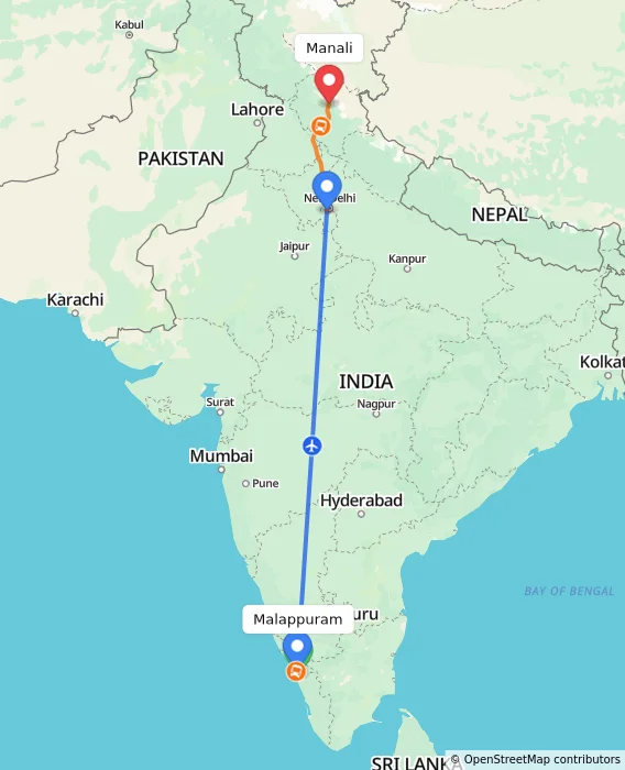 Route map showing distance and travel time from Malappuram, India to Manali, India