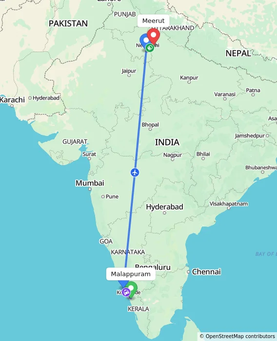 Route map showing distance and travel time from Malappuram, India to Meerut, India