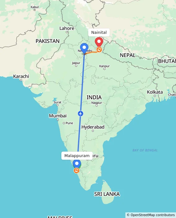 Route map showing distance and travel time from Malappuram, India to Nainital, India