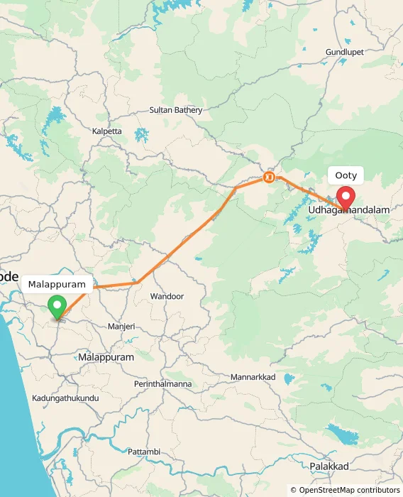 Route map showing distance and travel time from Malappuram, India to Ooty, India