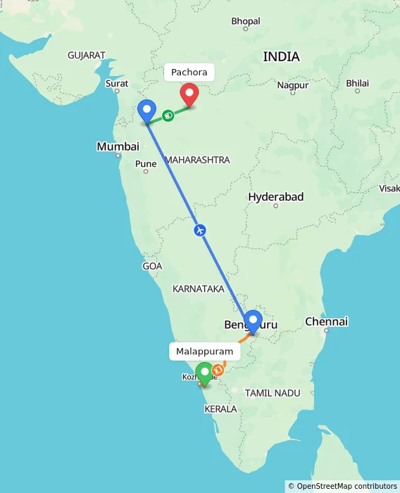 Route map showing distance and travel time from Malappuram, India to Pachora, India
