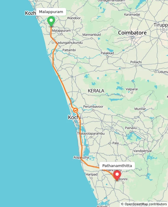 Route map showing distance and travel time from Malappuram, India to Pathanamthitta, India