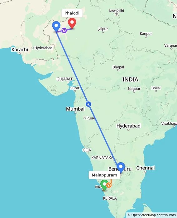 Route map showing distance and travel time from Malappuram, India to Phalodi, India
