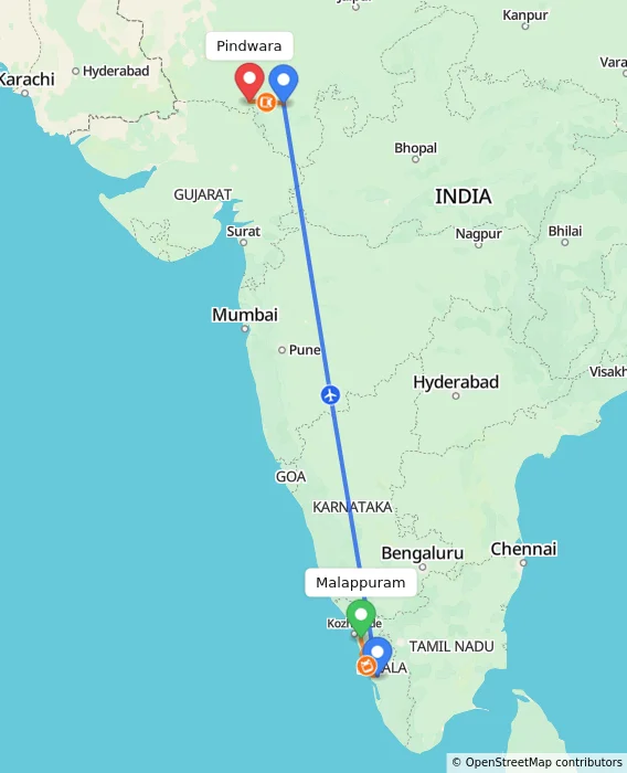 Route map showing distance and travel time from Malappuram, India to Pindwara, India
