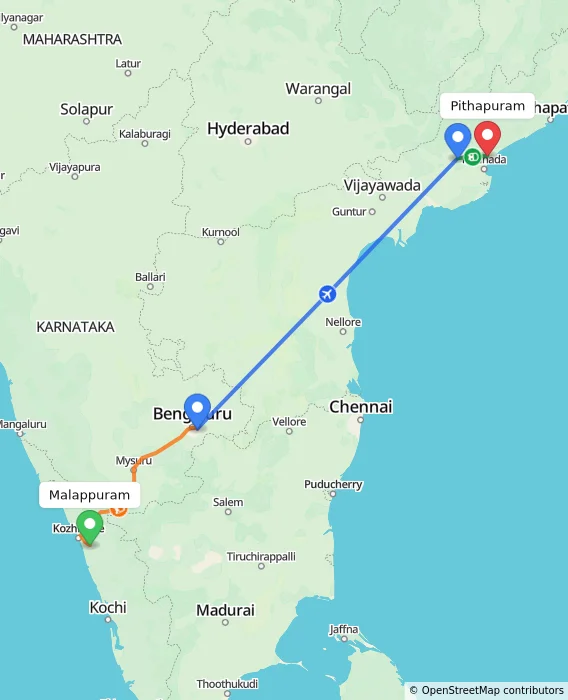 Route map showing distance and travel time from Malappuram, India to Pithapuram, India