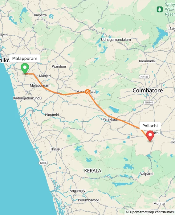 Route map showing distance and travel time from Malappuram, India to Pollachi, India