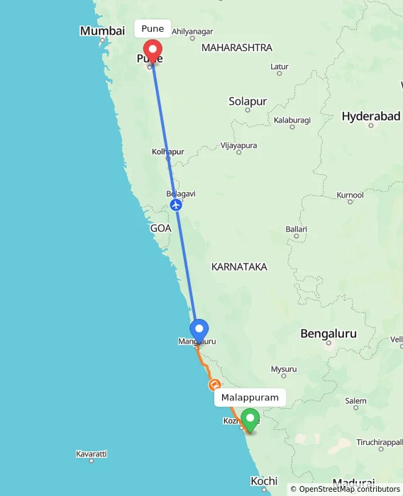 Route map showing distance and travel time from Malappuram, India to Pune, India