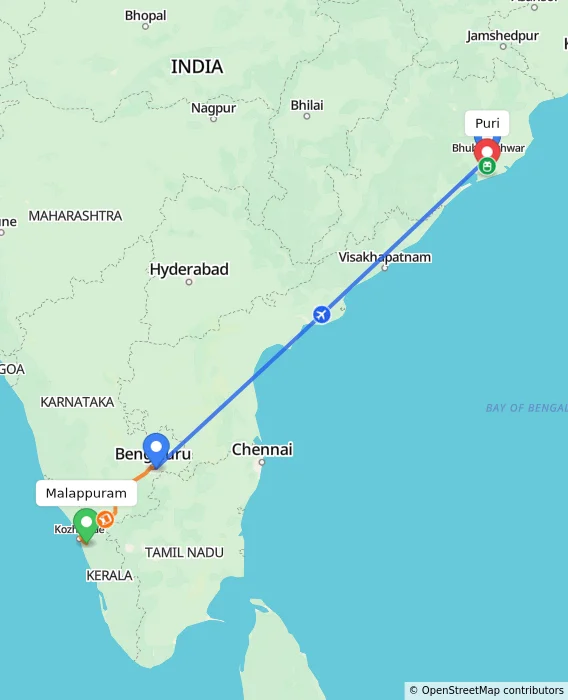 Route map showing distance and travel time from Malappuram, India to Puri, India