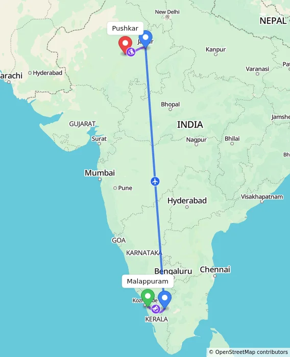 Route map showing distance and travel time from Malappuram, India to Pushkar, India