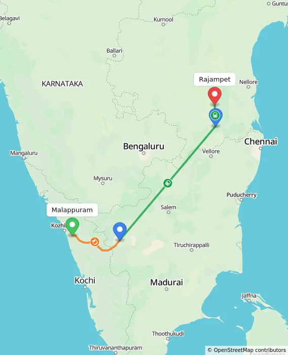 Route map showing distance and travel time from Malappuram, India to Rajampet, India
