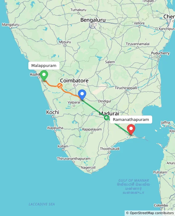 Route map showing distance and travel time from Malappuram, India to Ramanathapuram, India