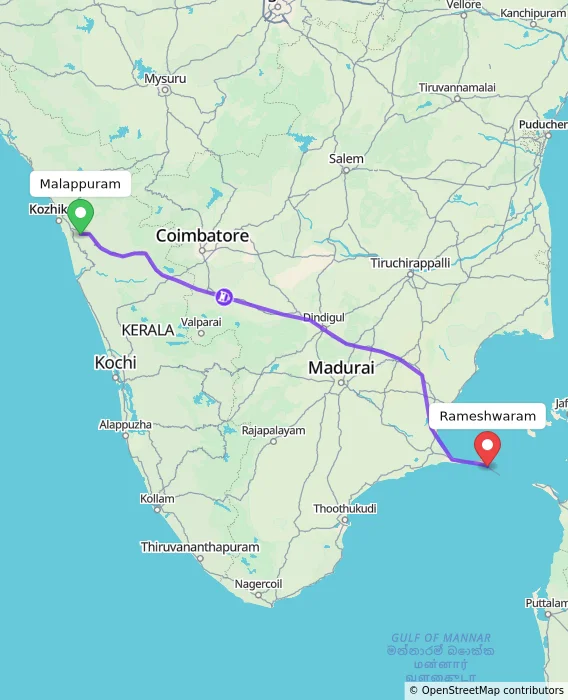 Route map showing distance and travel time from Malappuram, India to Rameshwaram, India