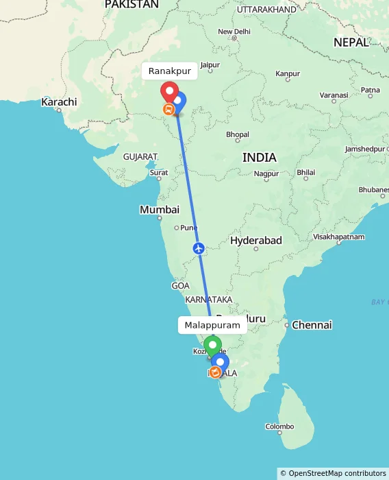 Route map showing distance and travel time from Malappuram, India to Ranakpur, India