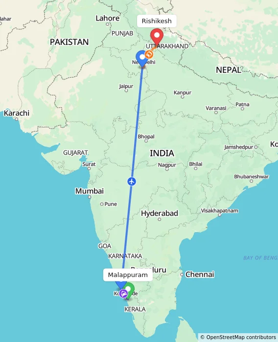 Route map showing distance and travel time from Malappuram, India to Rishikesh, India