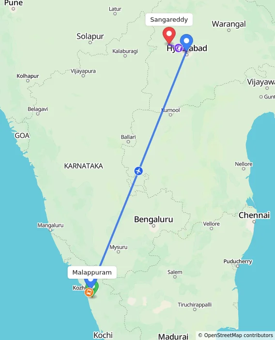 Route map showing distance and travel time from Malappuram, India to Sangareddy, India