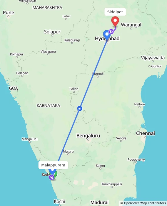 Route map showing distance and travel time from Malappuram, India to Siddipet, India