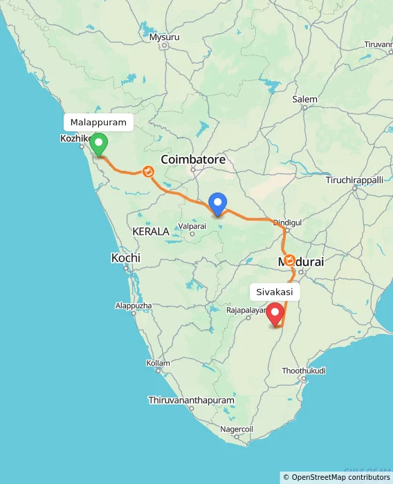 Route map showing distance and travel time from Malappuram, India to Sivakasi, India