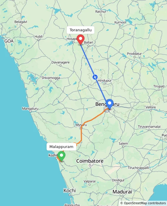 Route map showing distance and travel time from Malappuram, India to Toranagallu, India