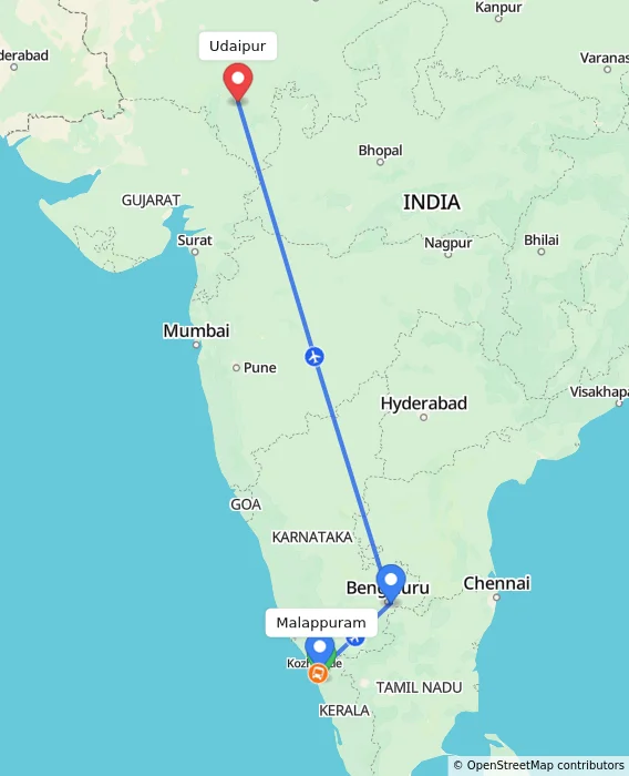 Route map showing distance and travel time from Malappuram, India to Udaipur, India