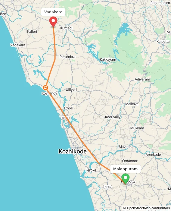 Route map showing distance and travel time from Malappuram, India to Vadakara, India