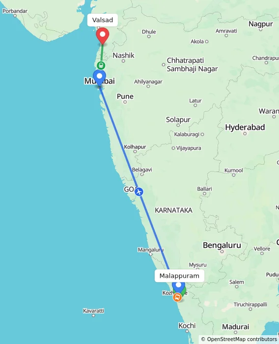 Route map showing distance and travel time from Malappuram, India to Valsad, India