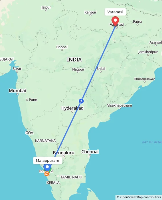 Route map showing distance and travel time from Malappuram, India to Varanasi, India