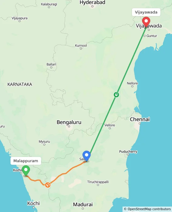 Route map showing distance and travel time from Malappuram, India to Vijayawada, India