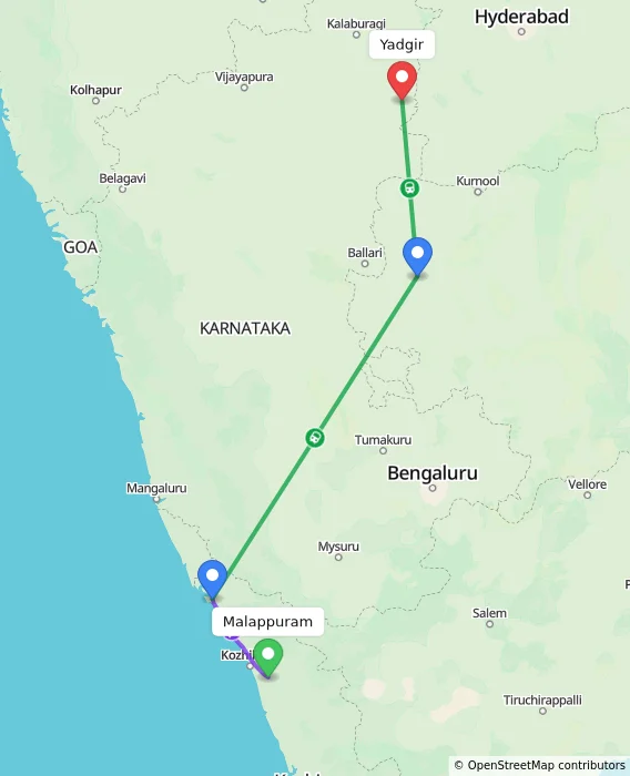 Route map showing distance and travel time from Malappuram, India to Yadgir, India