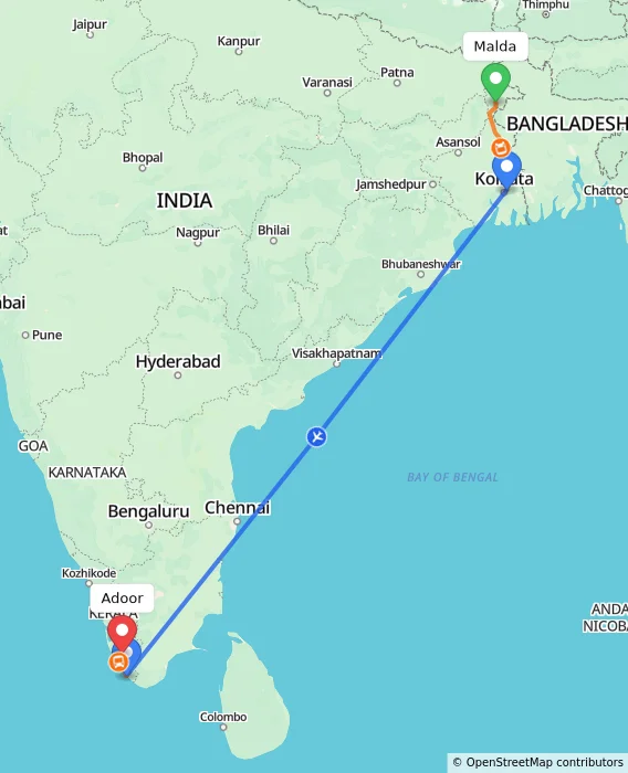 Route map showing distance and travel time from Malda, India to Adoor, India