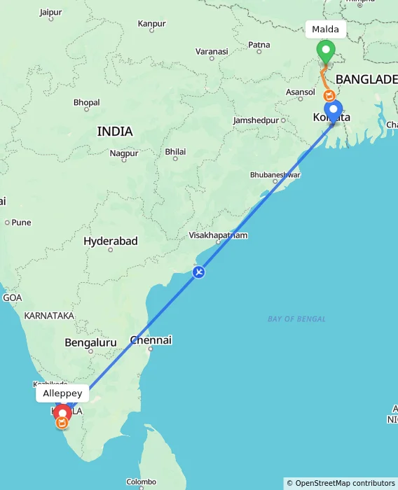 Route map showing distance and travel time from Malda, India to Alappuzha, India