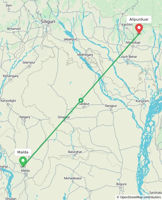 Route map showing distance and travel time from Malda, India to Alipurduar, India